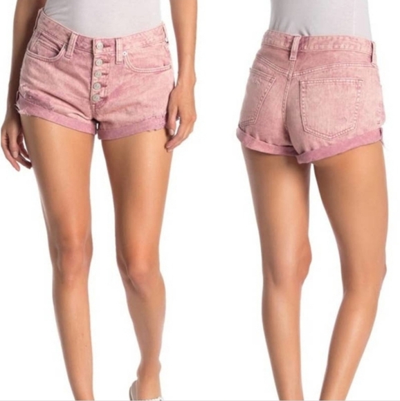 Free People Romeo Rolled Hem Cut Off Denim Jean Button Fly Shorts Mauve Pink 26 - Picture 2 of 11